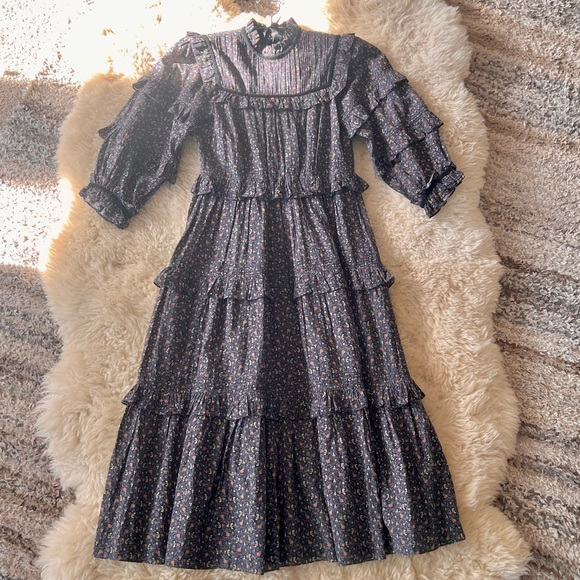 💋SOLD💋🍾🖤DÔEN ‘Clay’ Prairie Dress Wednesday Black/Blue Floral XS/S - Picture 4 of 10